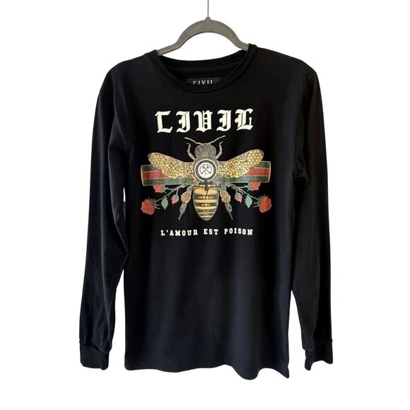 Civil Regime Other - Civil Regime LAmour Est Poison Black Long Sleeve Shirt S 100% Cotton Bee Graphic